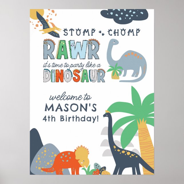 Stomp Chomp Rawr Dinosaur Birthday Welcome Sign (Front)