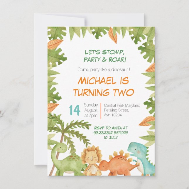 Stomp Chomp Roar Dino Birthday Invitation (Front)