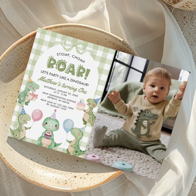 Stomp Chomp Roar Dinosaur 1st Birthday Photo Invitation (Creator Uploaded)