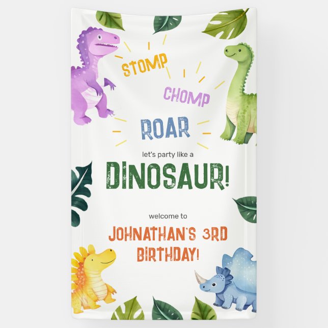 Stomp Chomp Roar Dinosaur 3rd Birthday Party Banner (Vertical)