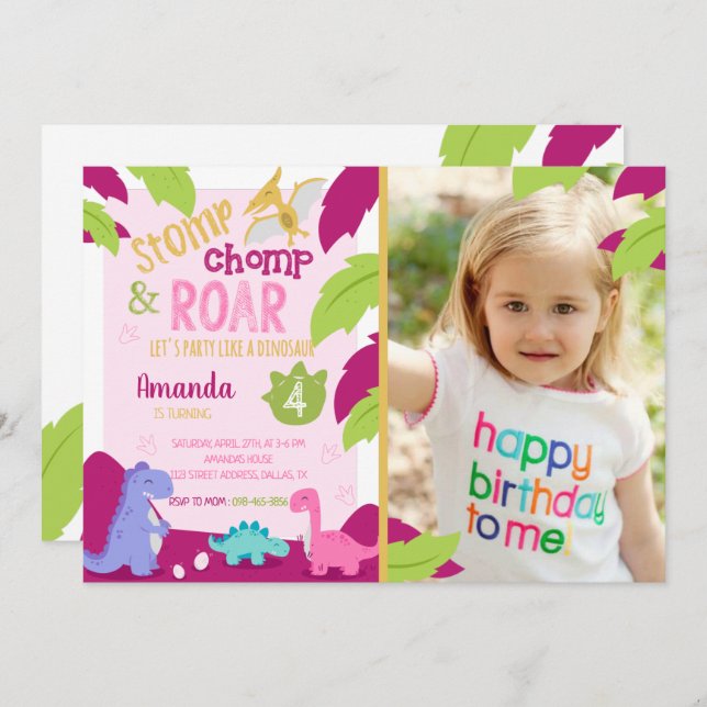 Stomp, Chomp & Roar Dinosaur Birthday Invitation (Front/Back)