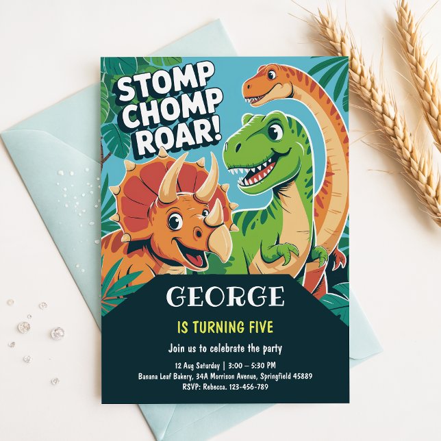 Stomp Chomp Roar | Fun Cute Dinosaurs 5th Birthday Invitation (Creator Uploaded)