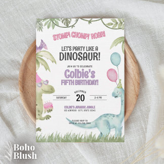 Stomp Chomp Roar Girl Dinosaur Birthday Invitation