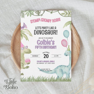 Stomp Chomp Roar Girl Dinosaur Birthday Invitation