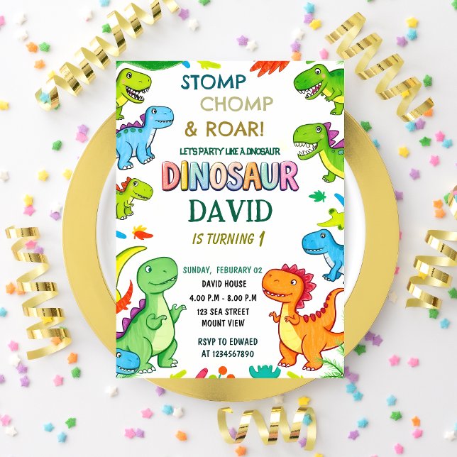 Stomp Chomp & Roar into Fun Dinosaur 1st Birthday Invitation (Creator Uploaded)