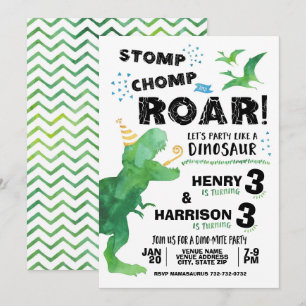 Stomp Chomp Roar Joint Sibling Dinosaur Birthday Invitation