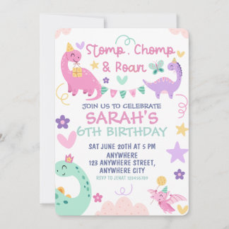 Stomp Chomp Roar Pastel Dinosaur Birthday Party Invitation
