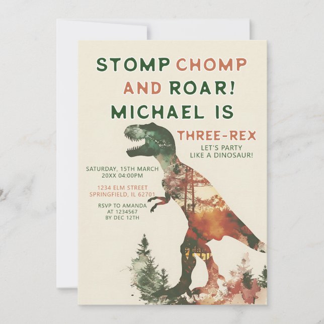 Stomp Chomp Roar T-Rex Dinosaur Boy 3rd Birthday Invitation (Front)