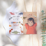 Stomp & Roar! Cute Dinosaurs Photo Birthday Party Postcard<br><div class="desc">Roar! Let's party like a dinosaur! A perfect and fun way to invite friends to a dinosaur-themed party! In this design, your event details are framed by different dinosaurs in blue, yellow, orange, red, pink, green, grey, and brown. Between the animals, there are hand-drawn tropical leaves and jungle foliage in...</div>