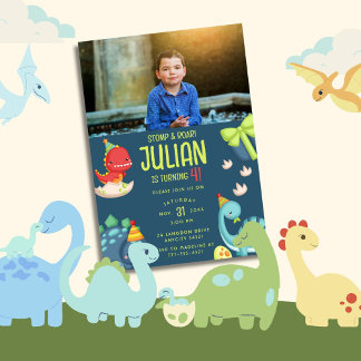 STOMP & ROAR Turning 4 Dinosaur Birthday Invitation