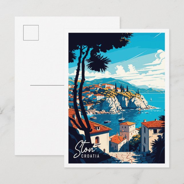 Ston Croatia Art vintage travel illustration Postcard (Front/Back)