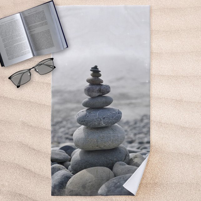 Stone Balance Pebbles Zen Meditation Beach Towel (Beach towel featuring a stone balance in elegant grey colors. Perfect for dreaming and meditation)