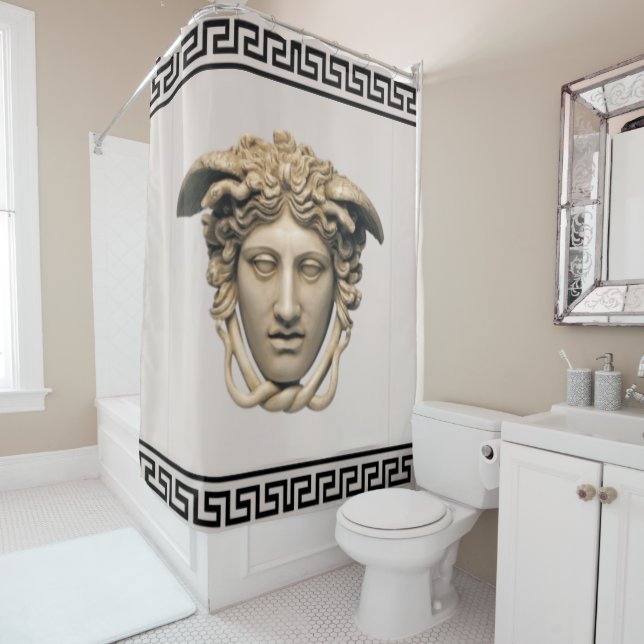 Stone Beige Medusa Greek Key Designer Shower Curtain (In Situ)