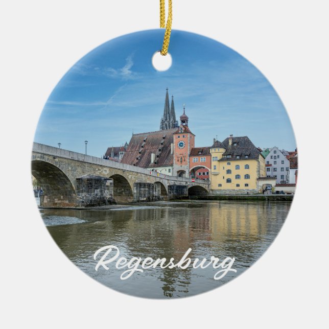 Stone Bridge in Regensburg, Germany Ceramic Tree Decoration (Front)