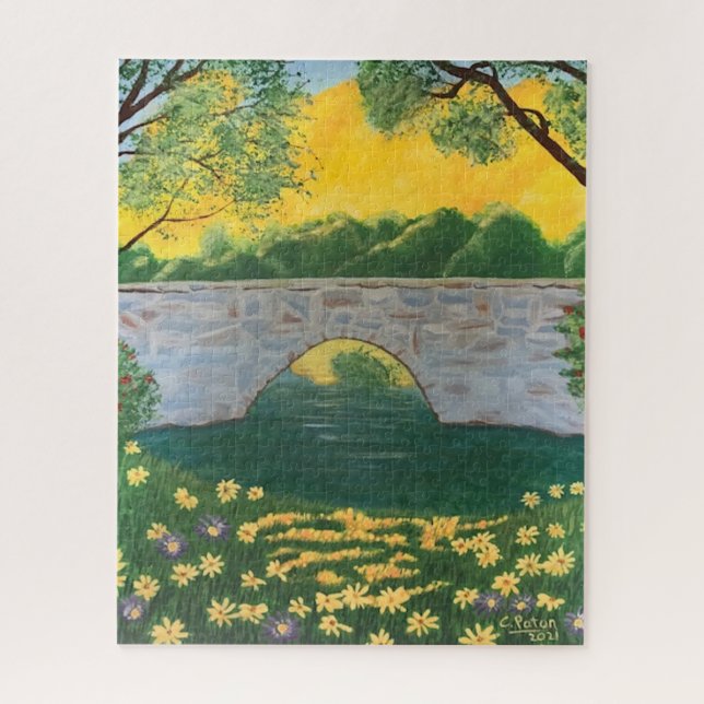 Stone Bridge Lake Flowers Yellow Sky Painting Jigsaw Puzzle (Vertical)