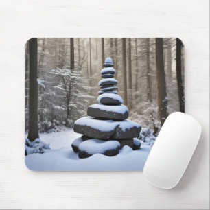 Stone Cairn In Winter Woods Mouse Mat