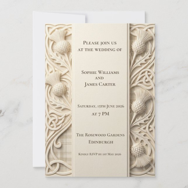 Stone Carved Thistle Celtic Wedding Invitation (Front)