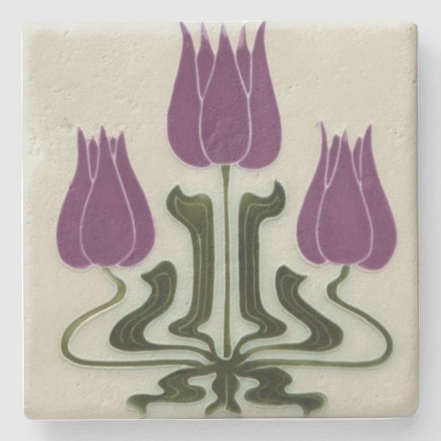 Stone Coaster - Art Nouveau Purple Tulips (Front)