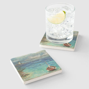 Stone Coaster Sailboat on Beach with Light House