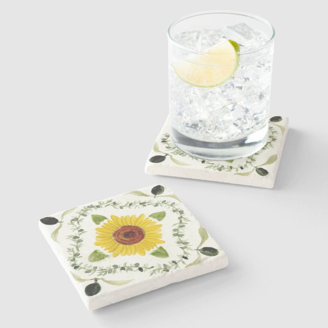 Stone coaster with olive and sunflower design (Side)