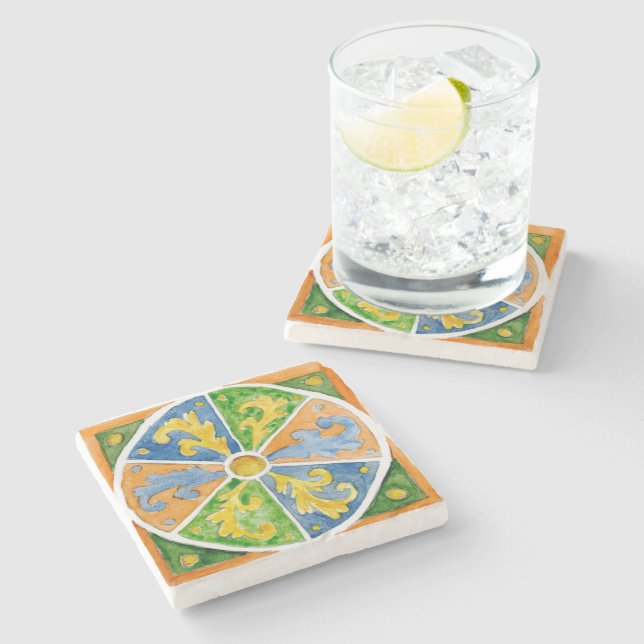 Stone coaster with Sicilian style tile design (Side)