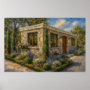 Stone Cottage Rose and Lavender Garden Oil Paintin Poster