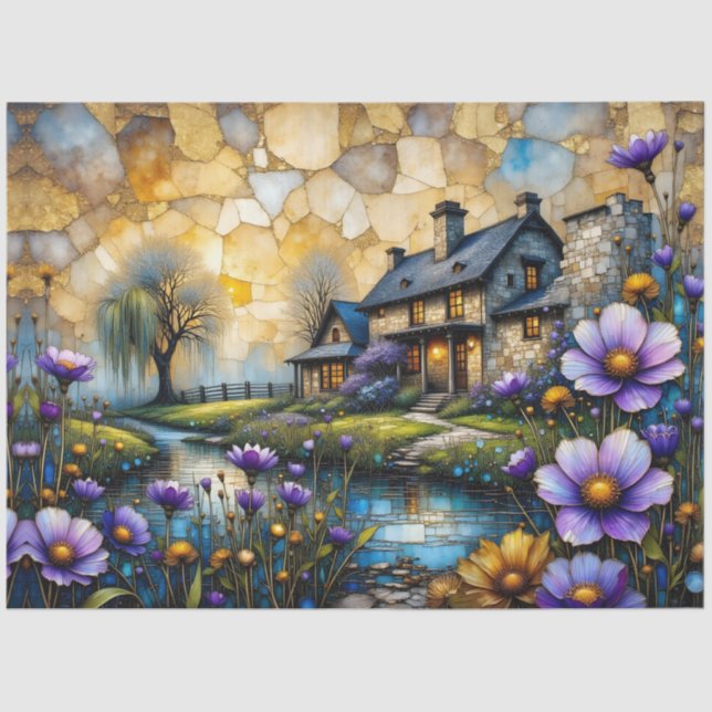 Stone Country Farmhouse in Floral Landscape Tissue Paper (Front)