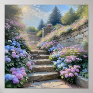 Stone Garden Stairway with Hydrangeas Romantic  Poster