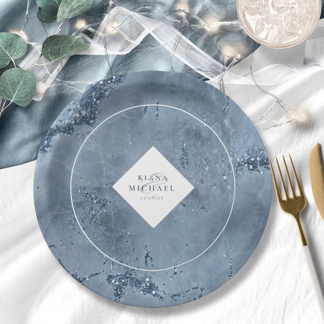 Stone Glitter Wedding Dusty Blue ID647 Paper Plate (Creator Uploaded)