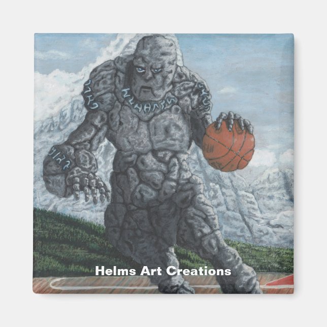 Stone Golem Playing Basketball Button Magnet (Front)