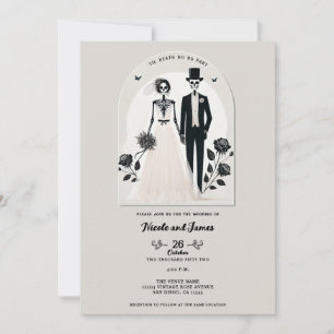 Stone Grey Black Skeleton Gothic Halloween Wedding Invitation