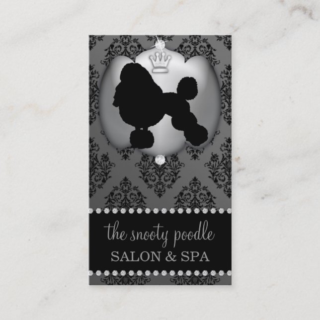 Stone Grey Jewelled Damask Dog Grooming/Spa Business Card (Front)