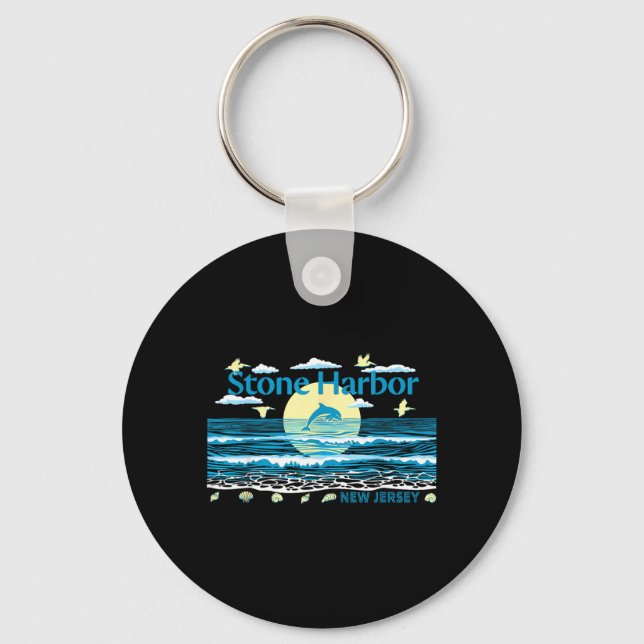 Stone Harbour NJ Dolphin Pelican Waves Beach Key Ring (Front)