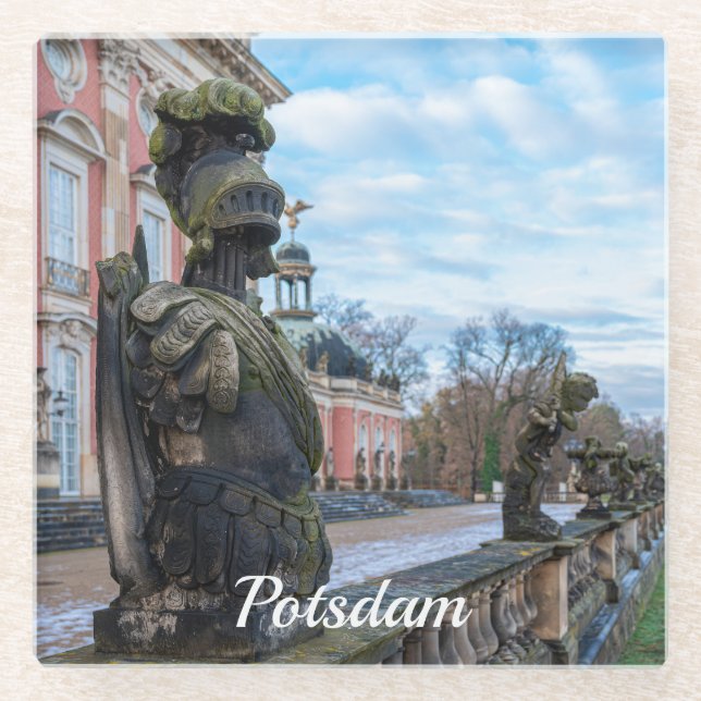 Stone knight statues near palace in Potsdam Glass Coaster (Front)