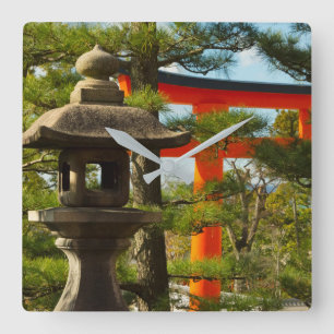 Stone Lantern and Torii Gate Square Wall Clock