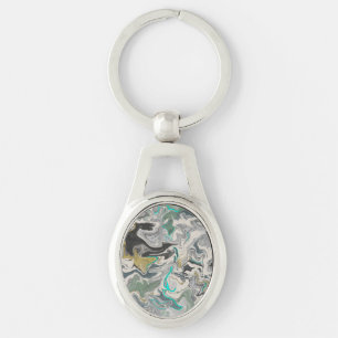 Stone Marbling with Turquoise Veins Oval Key Ring