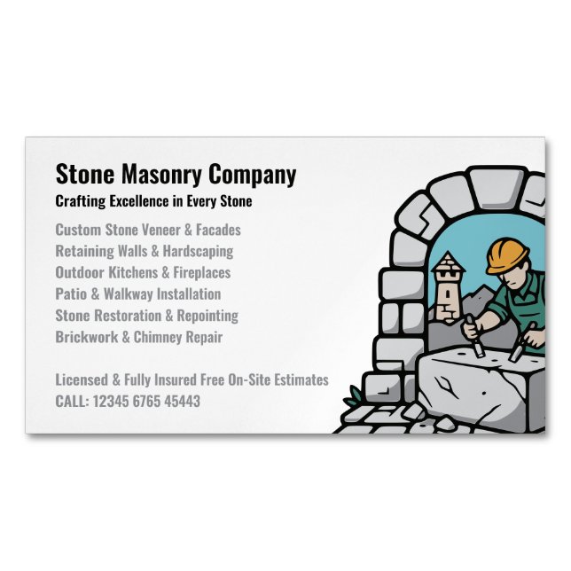 Stone Masonry Company Services Logo Magnetic Business Card (Front)