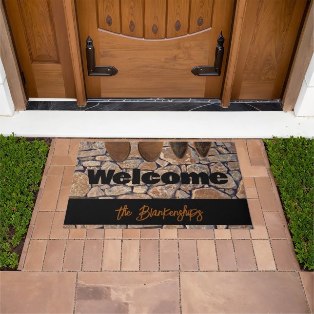 Stone Photo Welcome Worn Boots Family Name Doormat (Outdoor)