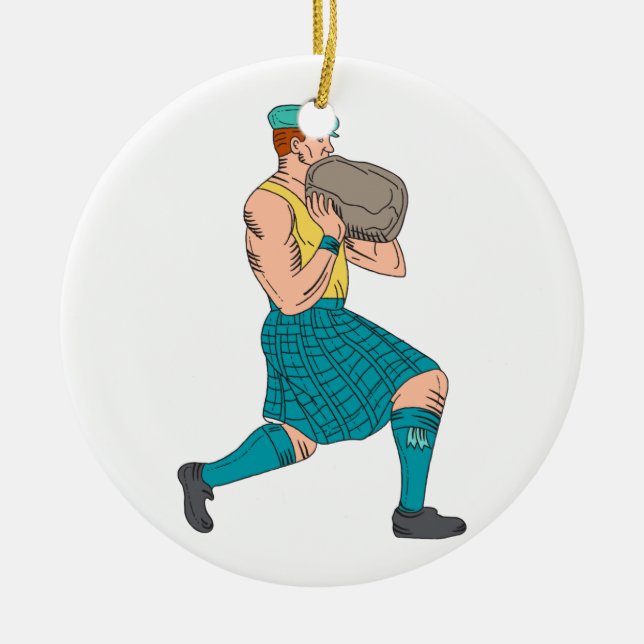 Stone Throw Highland Games Athlete Drawing Ceramic Tree Decoration (Front)