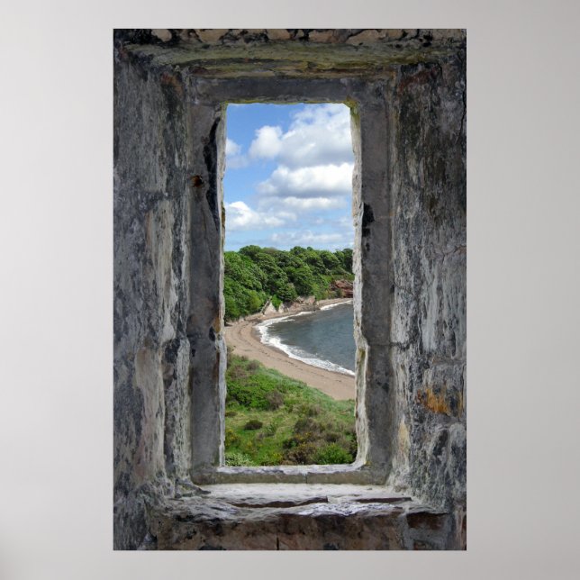 Stone Window framing a Beach and Trees Poster (Front)