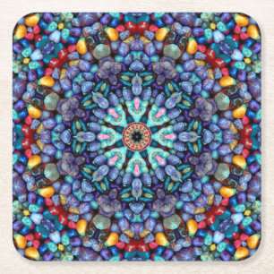 Stone Wonder Vintage Blue Fractal Kaleidoscope Square Paper Coaster