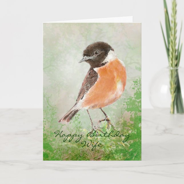 Stonechat  Bird Happy Birthday Wife Card (Front)