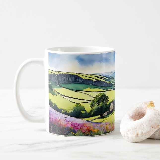 “Stonedale” Wide Landscape Yorkshire Dales Scene Coffee Mug (With Donut)