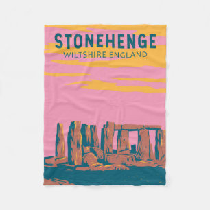 Stonehenge Travel Art Retro Illustration Fleece Blanket