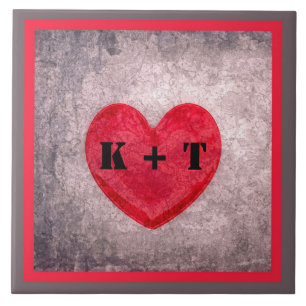 Stonewashed Heart in Grey and Red Monogrammed Tile