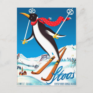 Stoos, Penguin on a ski, Switzerland mountains Postcard