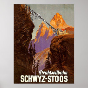 Stoos, railway, train over bridge, Switzerland Poster
