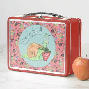 Stop and Smell the Strawberries Snail Pattern Met Metal Lunch Box