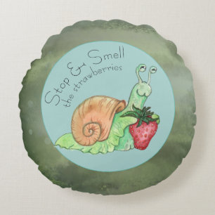 Stop and Smell the Strawberries Snail  Round Cushion