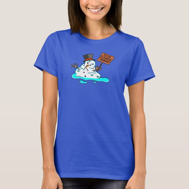 Stop Climate Change Melting Snowman T-Shirt (Front)